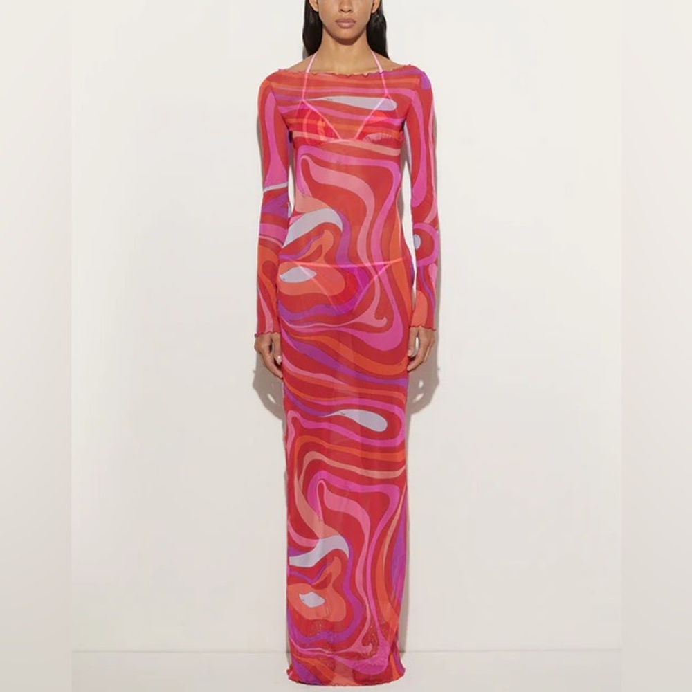Emilio Pucci Vibrant Swirl Print Mesh Long‑Sleeve Maxi Dress